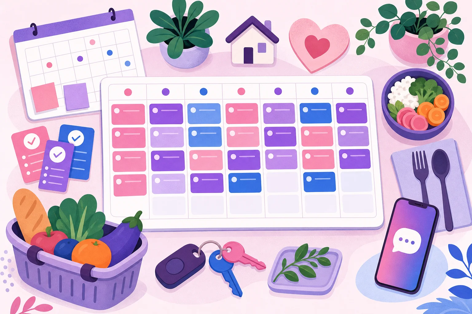 Shared weekly planner surrounded by household schedules, chores, meals, groceries, and messages